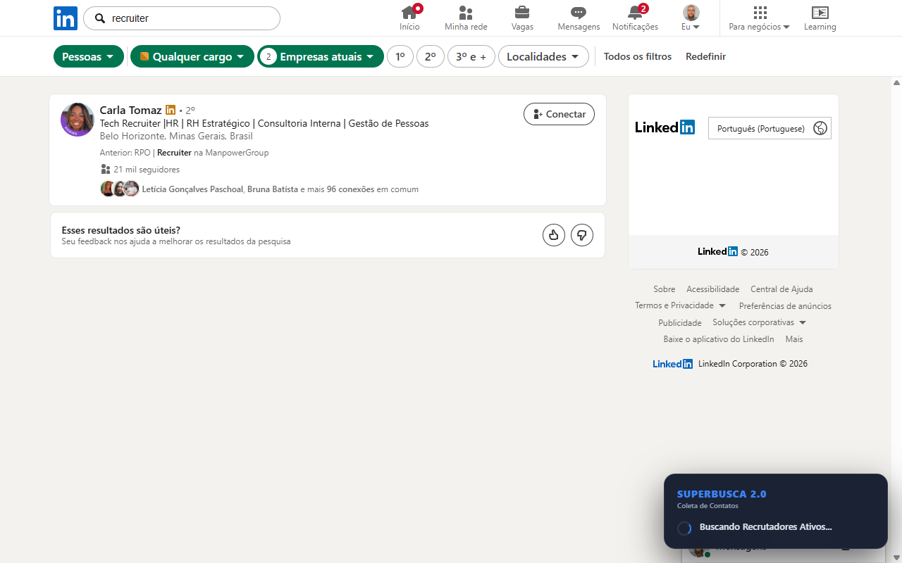 Busca de contatos em execução